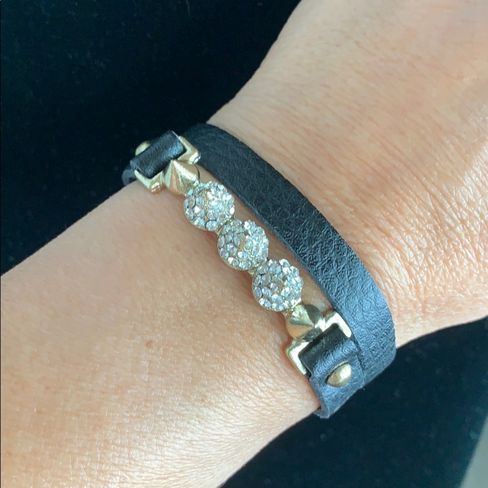 Black leather rhinestone spike wraparound bracelet